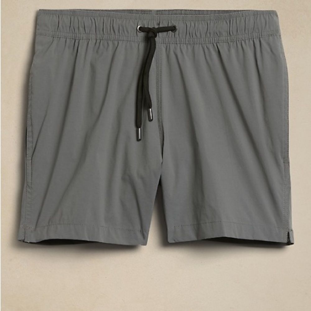 Onia Gray Swim Trunks with Black Drawstring and Comfortable Fit